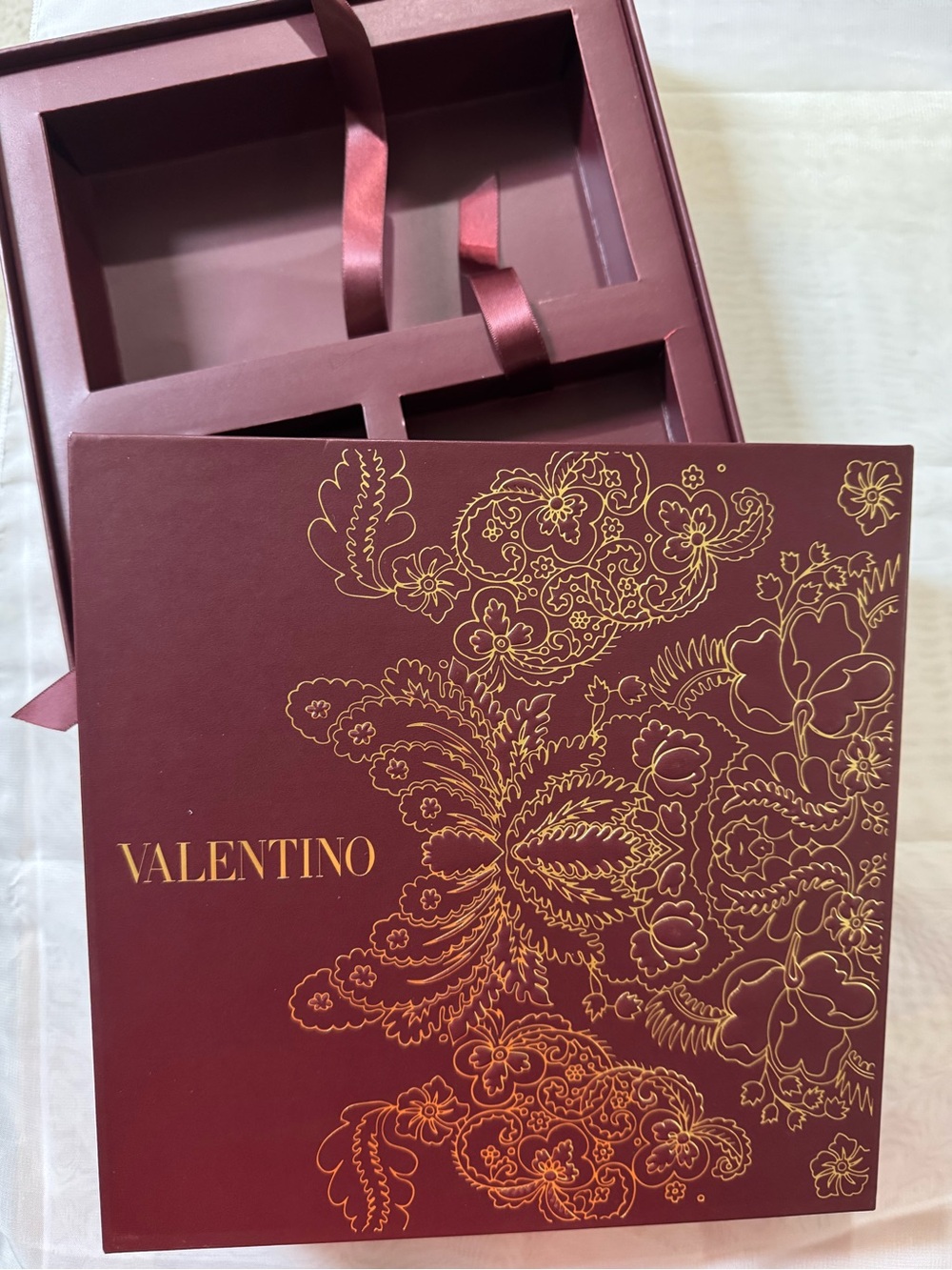 Valentino 💯% Authentic Elegant luxurious Burgundy Box w/Gold Floral Foil design.